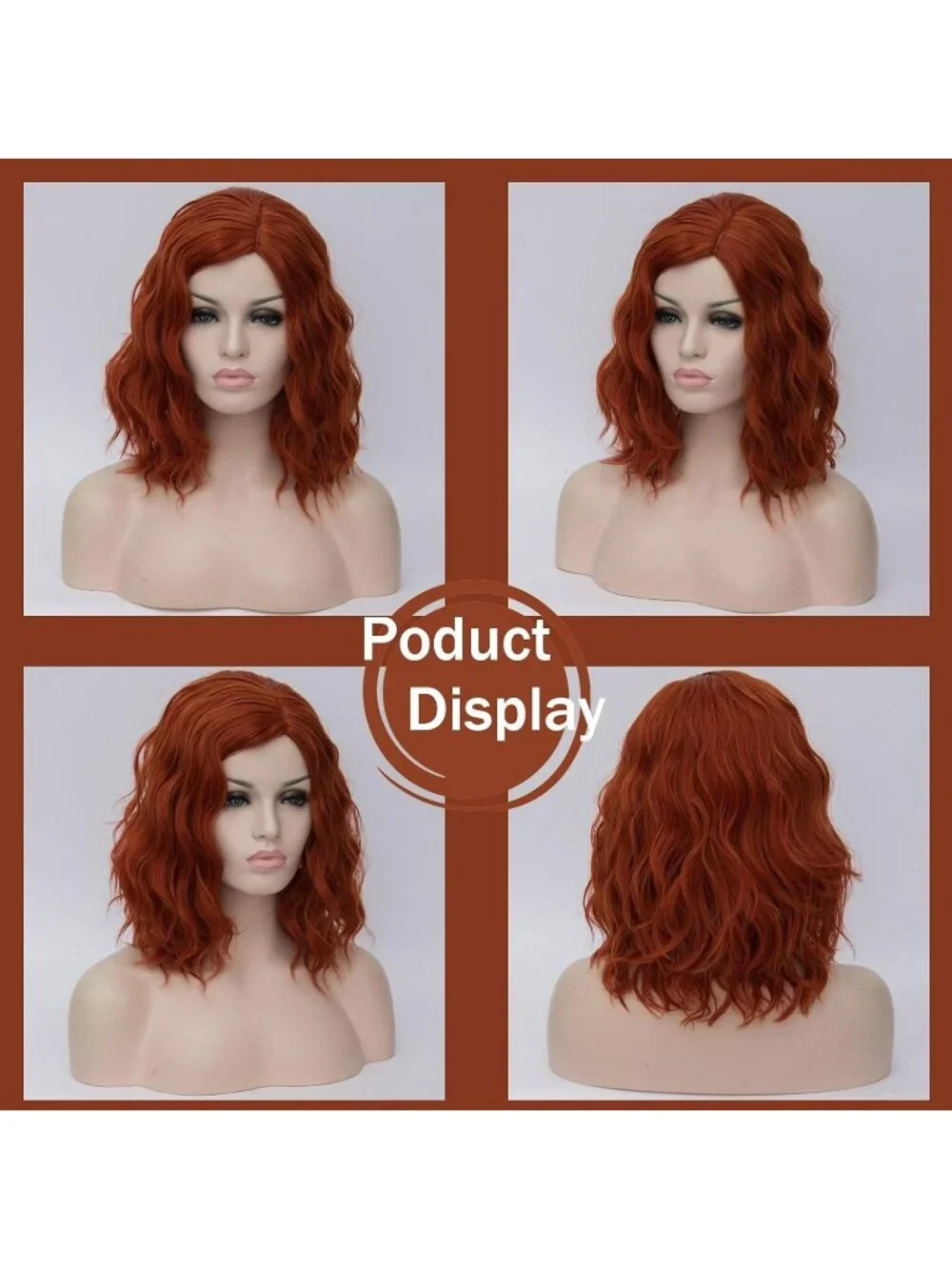 Women's 14 Inch Dark Orange Wavy Bob Wig Short Curly Synthetic Heat Resistant